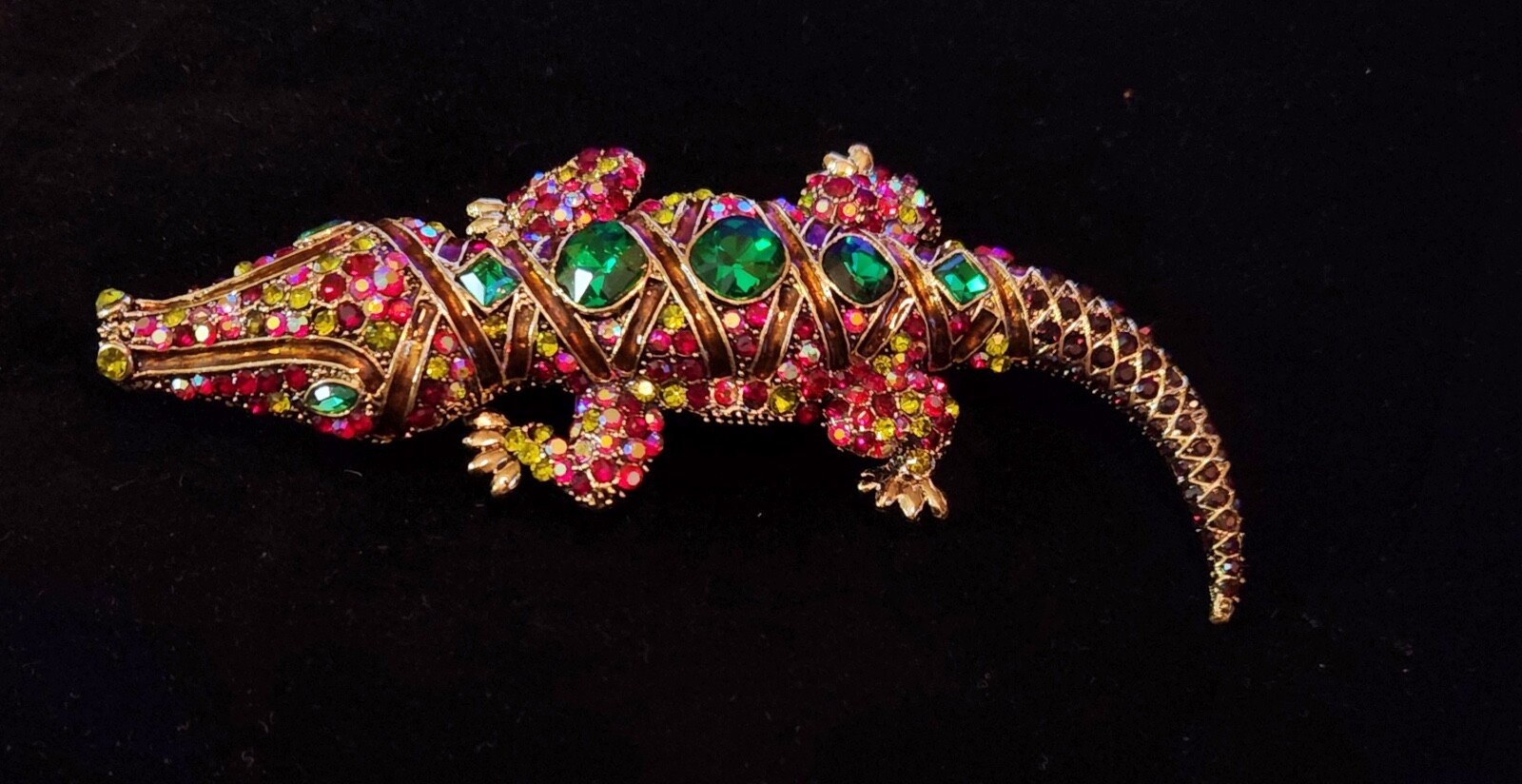 Giant & BEAUTIFUL RHINESTONE & ENAMEL Alligator /Crocodile BROOCH PIN 5.5″ x 2″