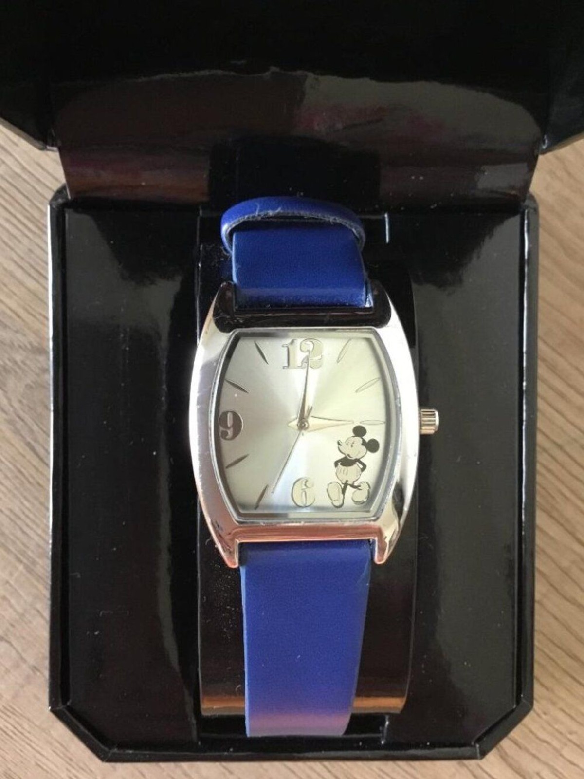 Accutime Mickey Mouse Disney Watch w/Blue Leather Strap, Rectangular Silver Dial