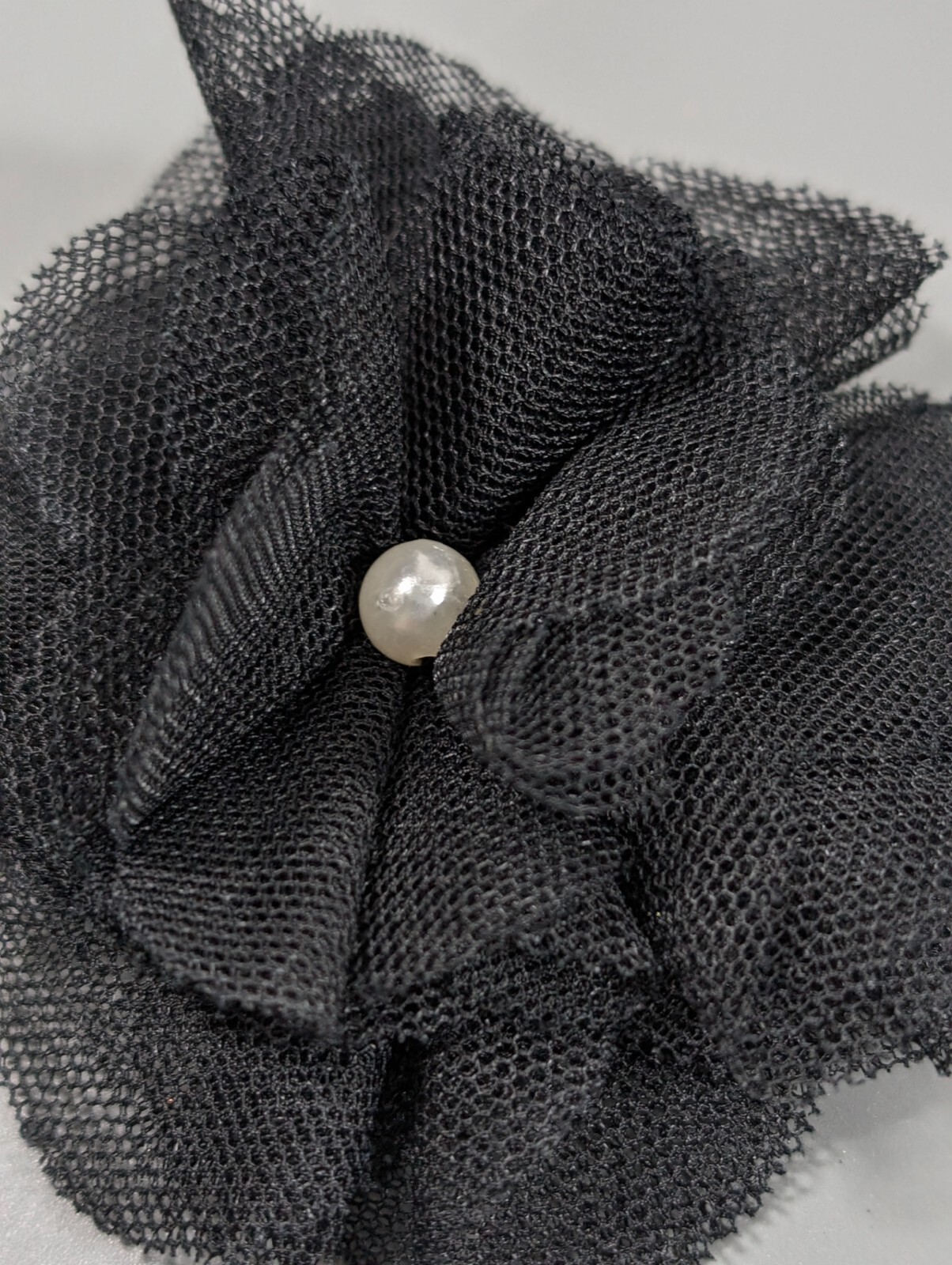 Vintage 90s Y2K Retro Black Lace Rosette Flower Chiffon Faux Pearl Pin Fabric
