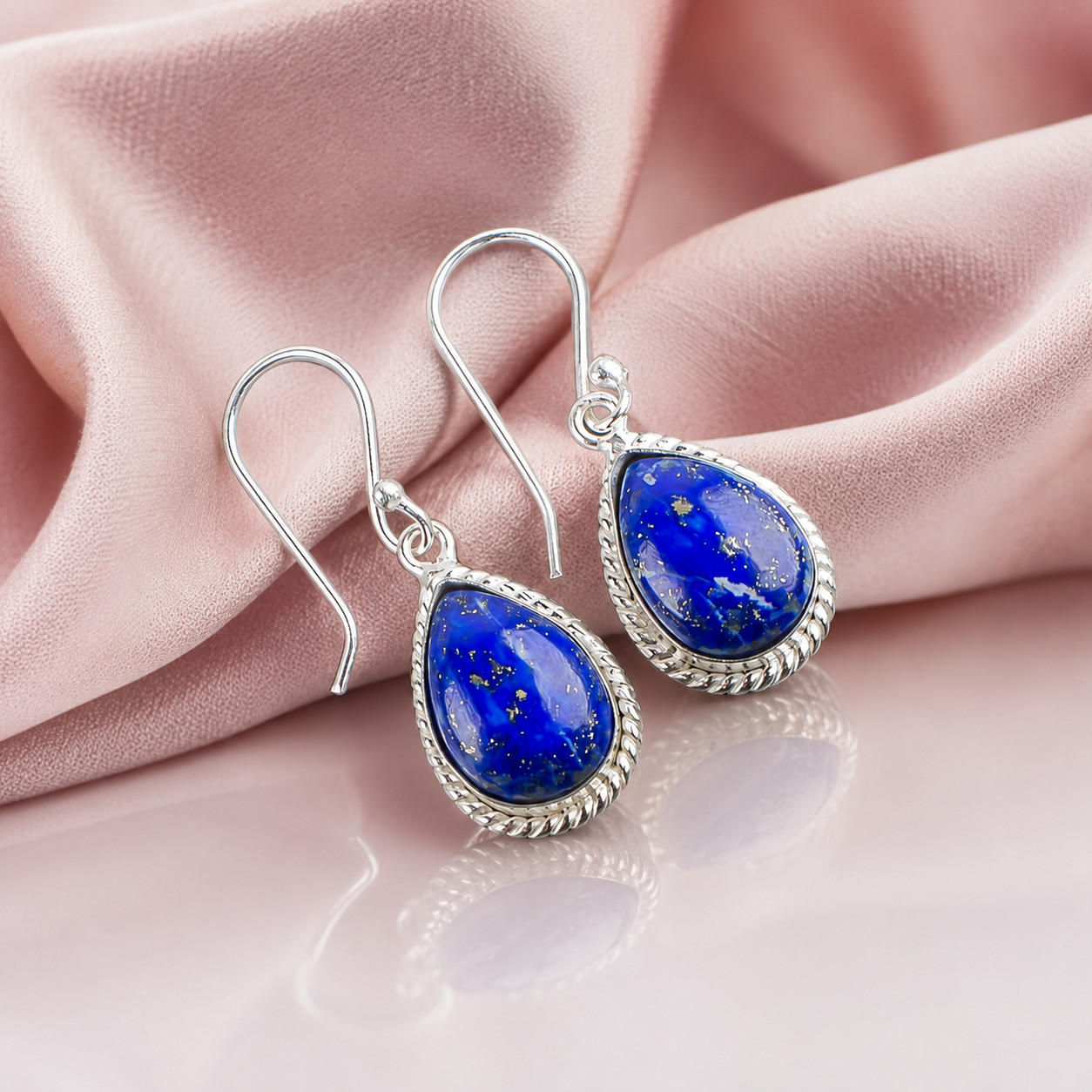 Natural Lapis Lazuli Gemstone 925 Stamped Silver Hook Earring 1.40″ Wedding Gift