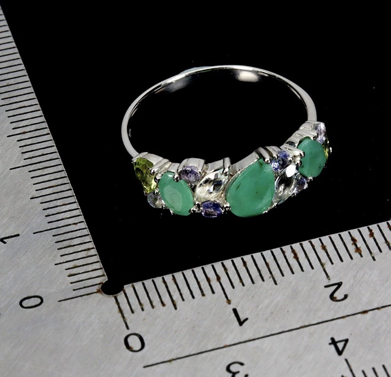 Unique! Natural Emerald, Tanzanite, Aquamarine & Peridot 14K Gold Ring Size 8