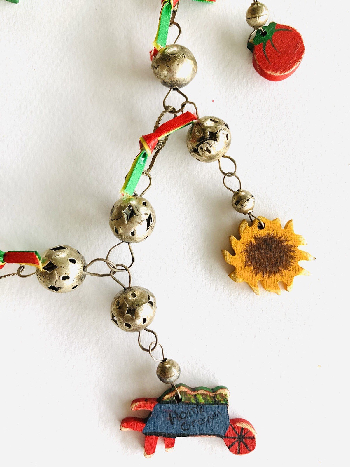 Silver And Wood Garden Charm Necklace Approx 30 Inches Long.