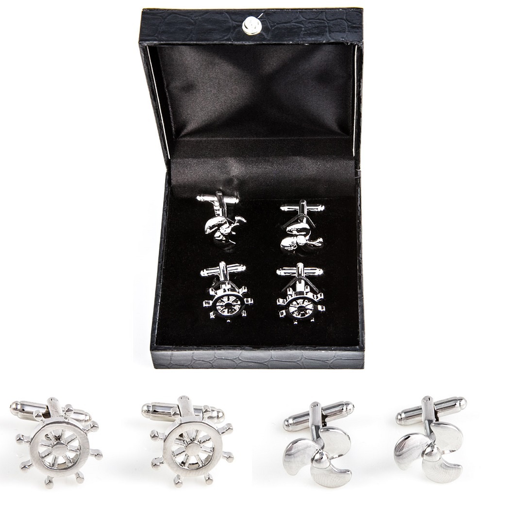 Ship Wheel & Propellor Boat 2 Pairs Cufflinks Fancy Gift Box Propeller Free Ship
