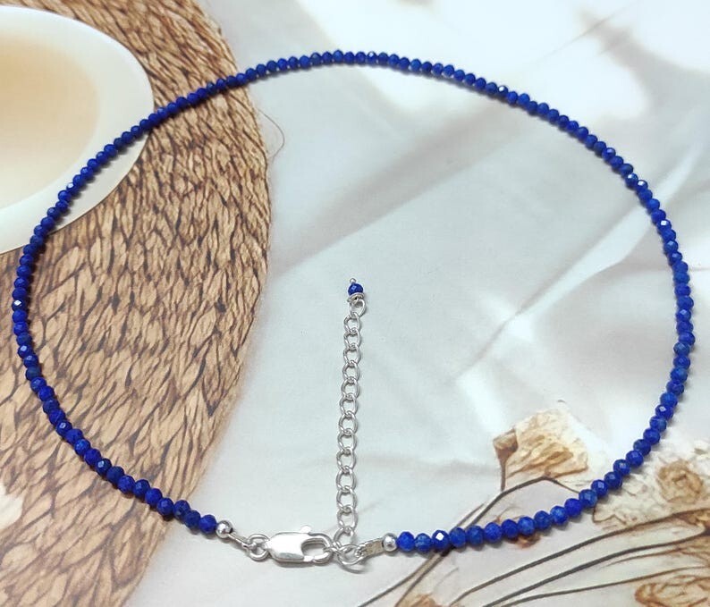 2-3MM Lapis Lazuli Faceted Round Gemstone Beaded Healing Unisex Necklaces 24”