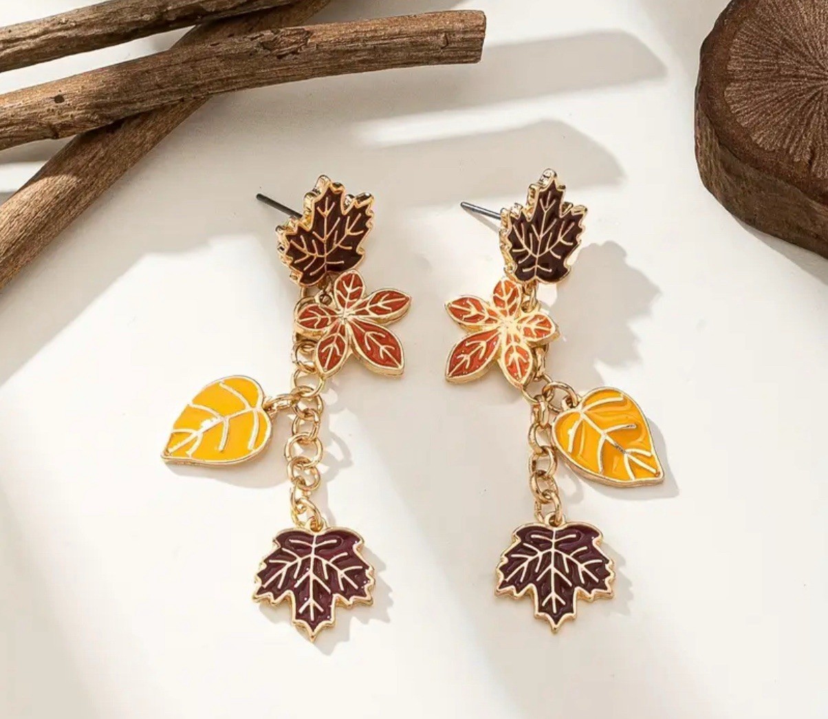 Autumn Fall Vintage Maple Leaf Golden Stud Drop Earrings Red Orange Brown Leaves
