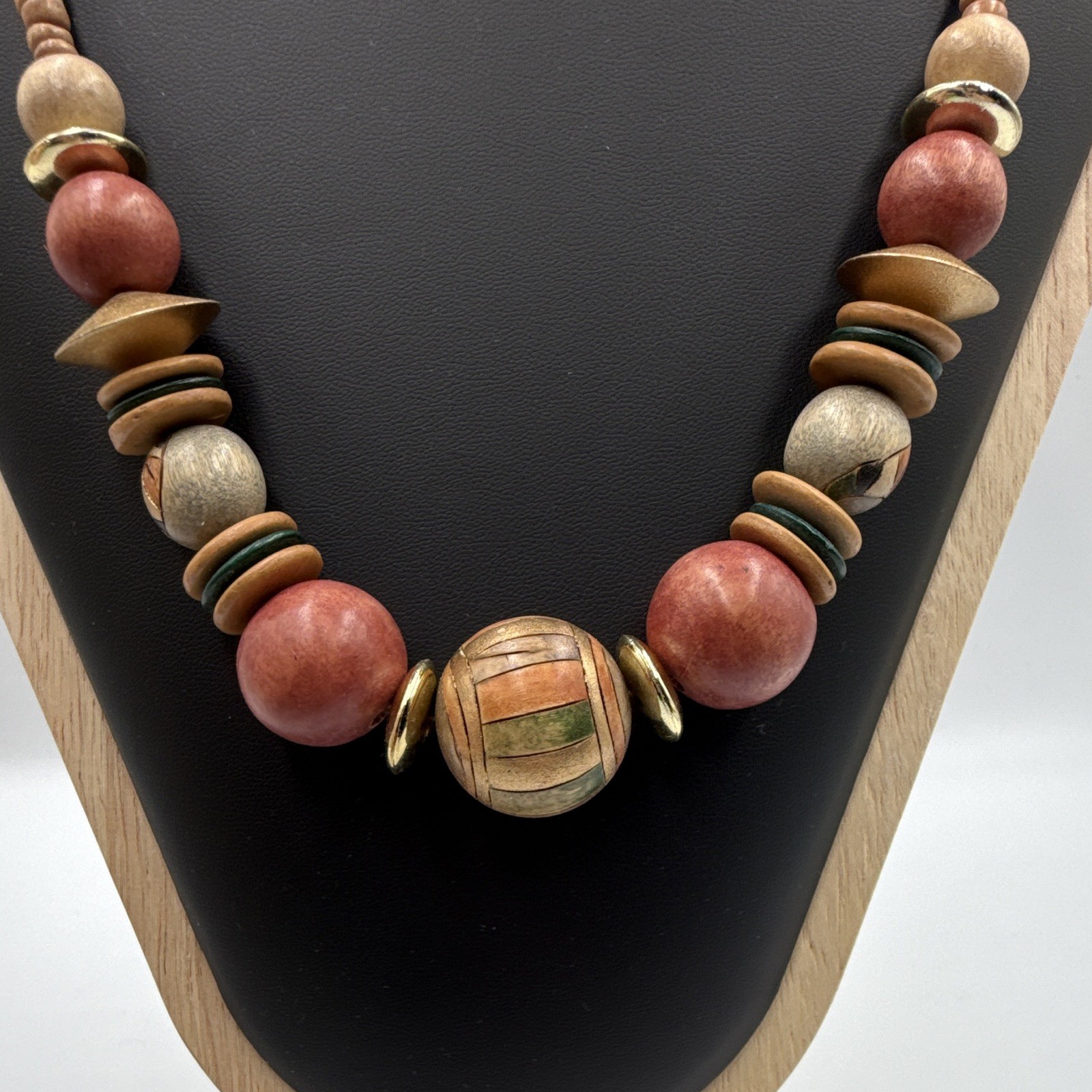 Vintage Boho Wooden Beaded Statement Necklace Earthy Orange Brown Chunky 20”