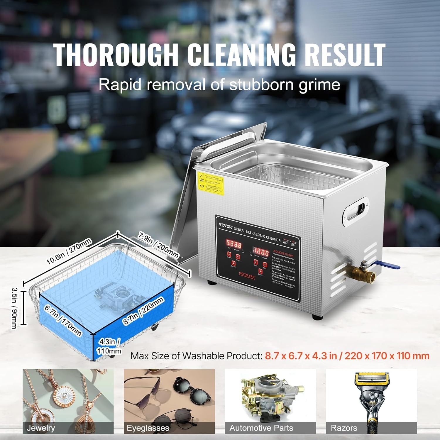 Ultrasonic Jewelry Cleaner 10L Digital Timer Heater Stainless Steel Versatile