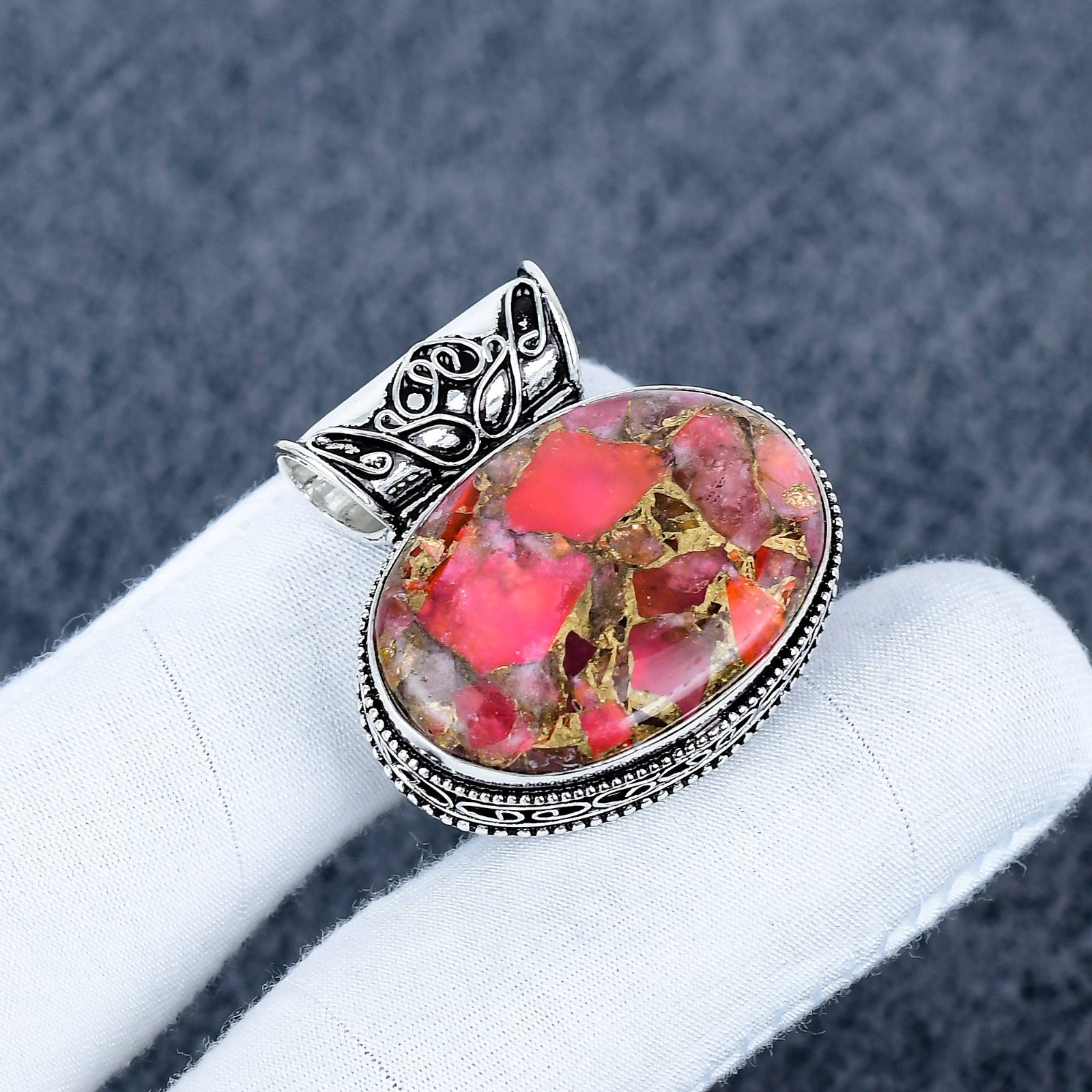 Orange Copper Turquoise Pendant Gemstone Handmade 925 Sterling Silver Jewelry