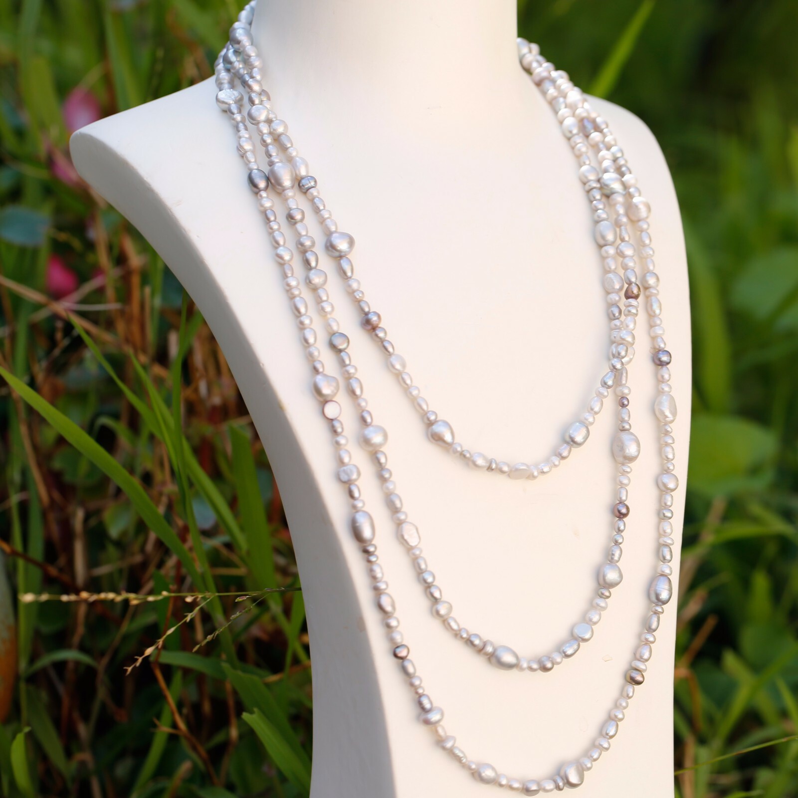 180cm size3-8mm baroque silver grey freshwater pearl Morandi color necklace #309