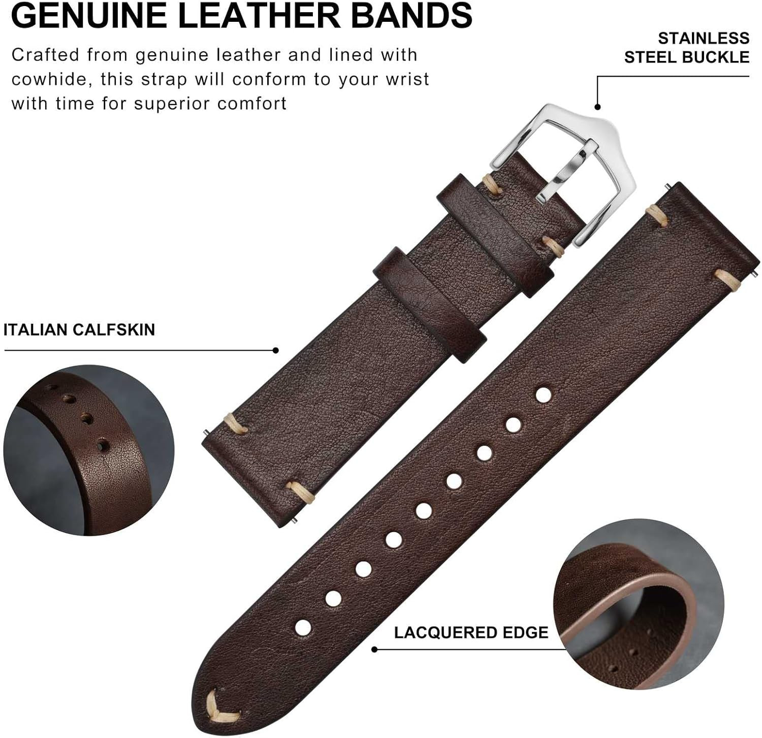 Correas de reloj de cuero para hombres cosidas a mano de dieciocho a veintidos