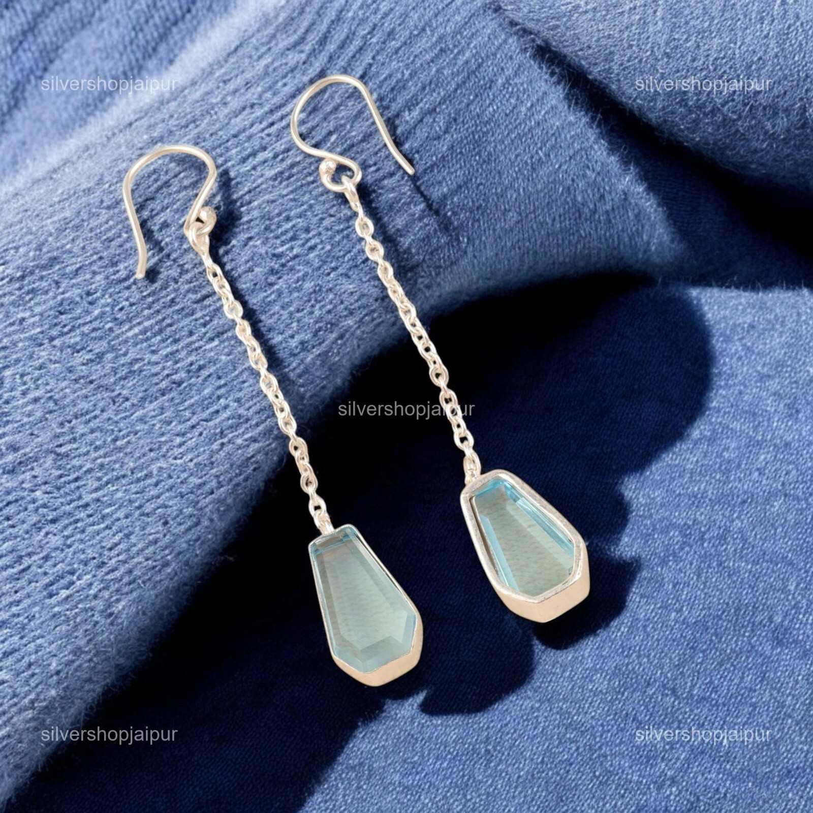 Sky Blue Topaz Gemstone Earrings 925 Sterling Silver Handmade Jewelry 3″ For Her