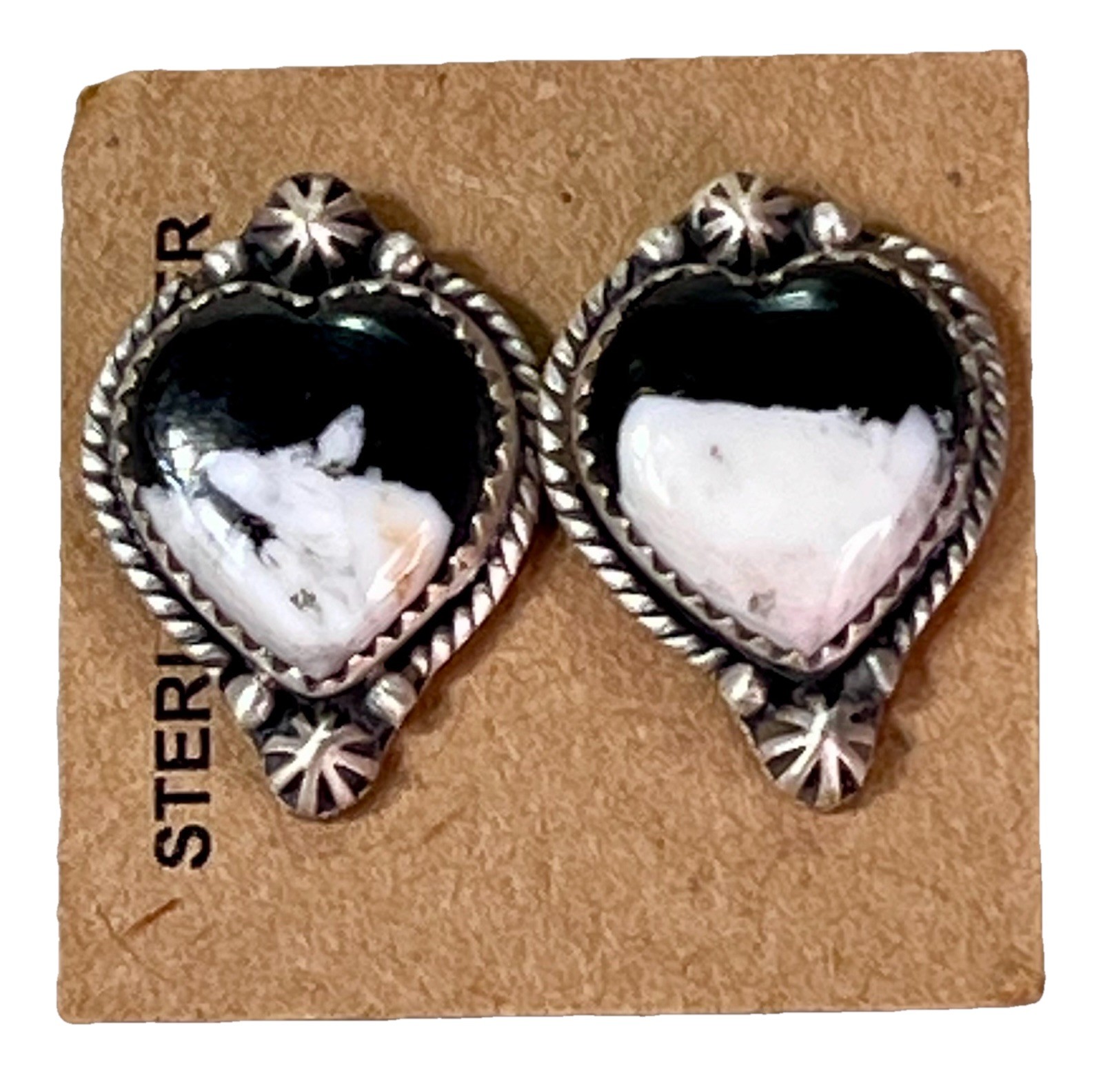 White Buffalo Heart Stud Sterling Silver Handmade Earrings SW Native Style 6g