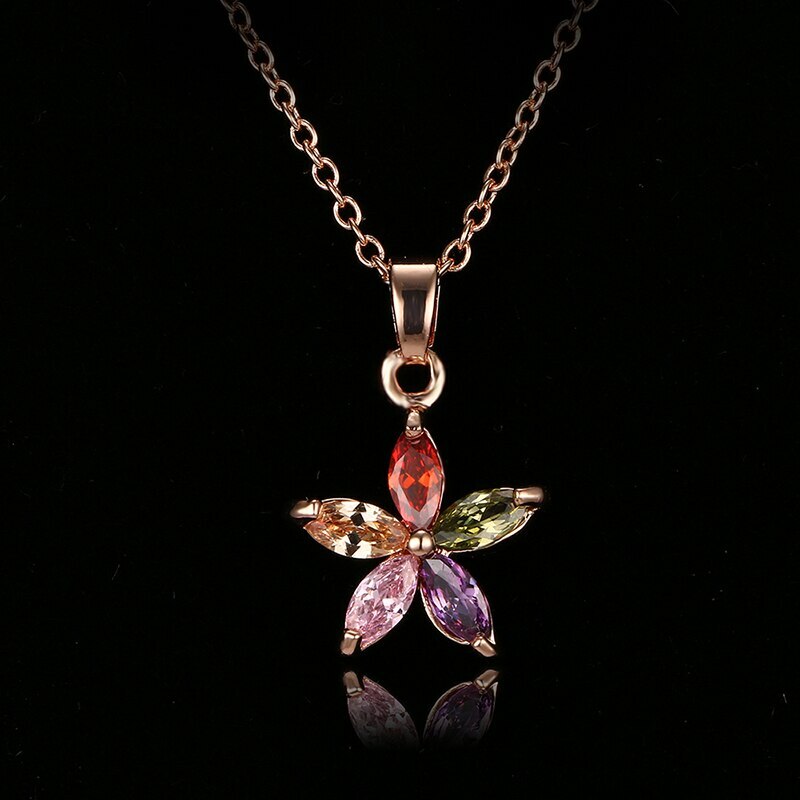 ZARD Flower Motif Pendant in Marquise-Cut Multicolor CZ and Rose-Gold Necklace