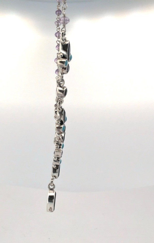 Estate 925 Sterling Silver Amethyst Turquoise Floral Necklace 20″ India Gift