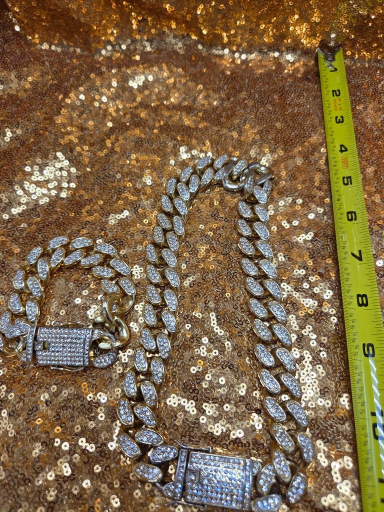 Gold-Tone Cuban Link Chain and Bracelet Set with Rhinestones