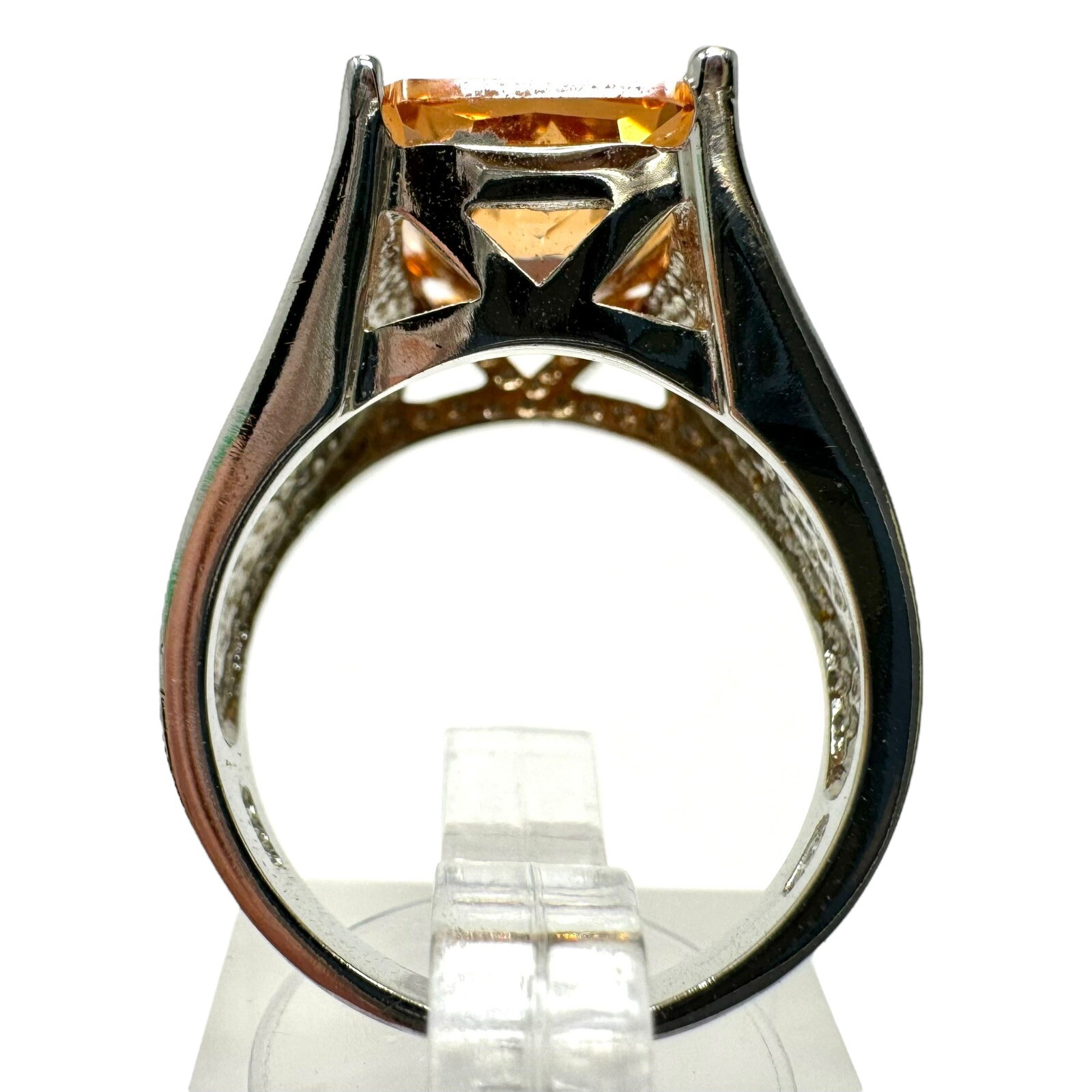Vtg Silver Tone Faux Citrine Rhinestone Emerald Cut Large Solitaire Ring Sz 7