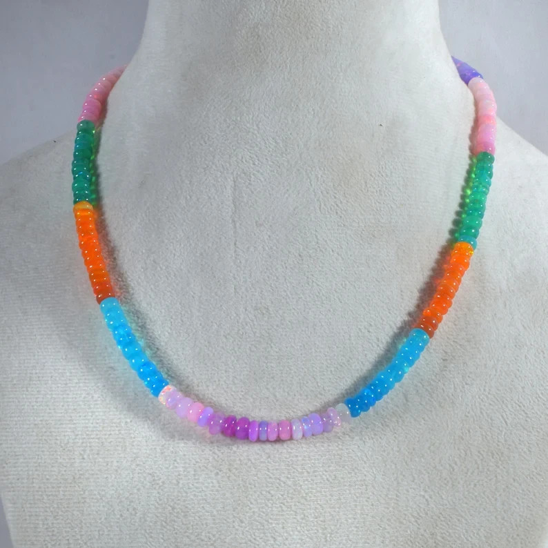 Natural Multicolor Welo Fire Opal Beaded Necklace 925 Silver 18″ Handmade Gift