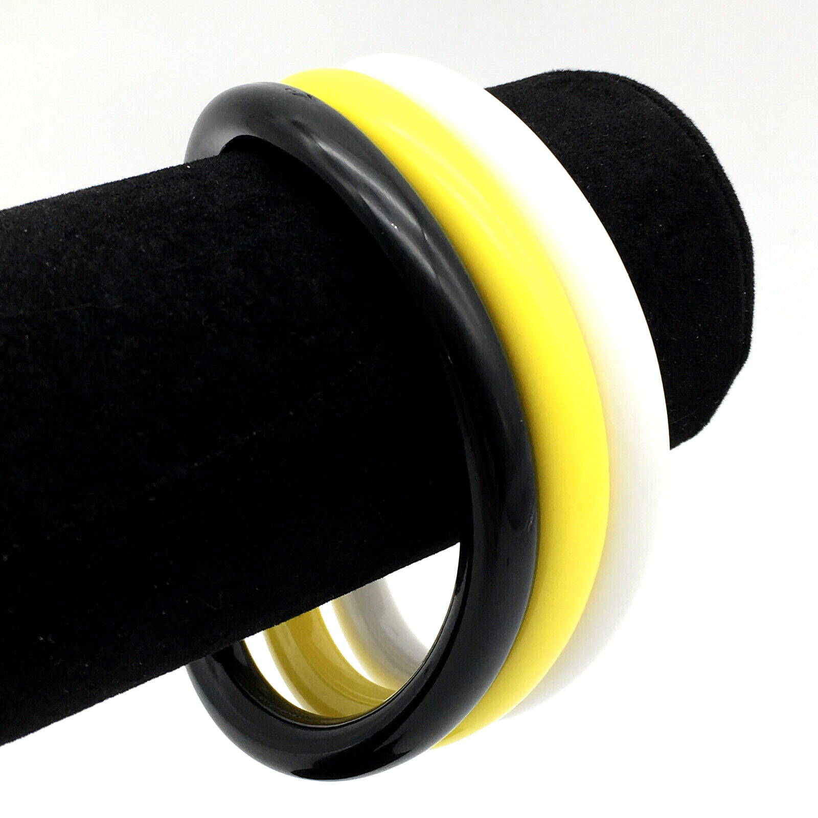 Lot of 3 Bracelets, Yellow, White & Black Lucite Wavy Bangle Bracelets