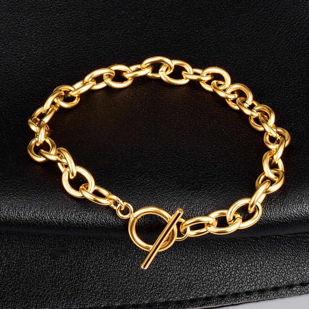 Woman Gold Plated Stainless Steel Rolo Link Chain Bracelet Bangle Toggle Jewelry