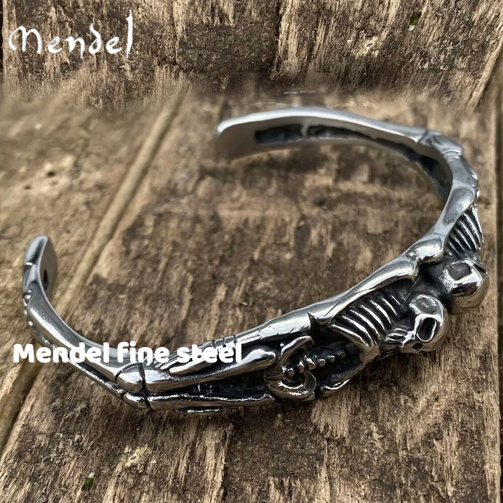 MENDEL 7 Inch Stainless Steel Mens Biker Skull Skeleton Cuff Bangle Bracelet Men