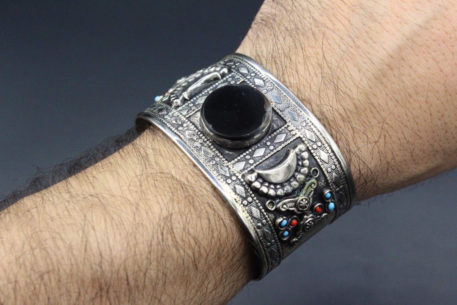 Afghan Cuff Bracelet, Black Onyx Stones Cuff Bracelet, Boho Cuff Bracelet