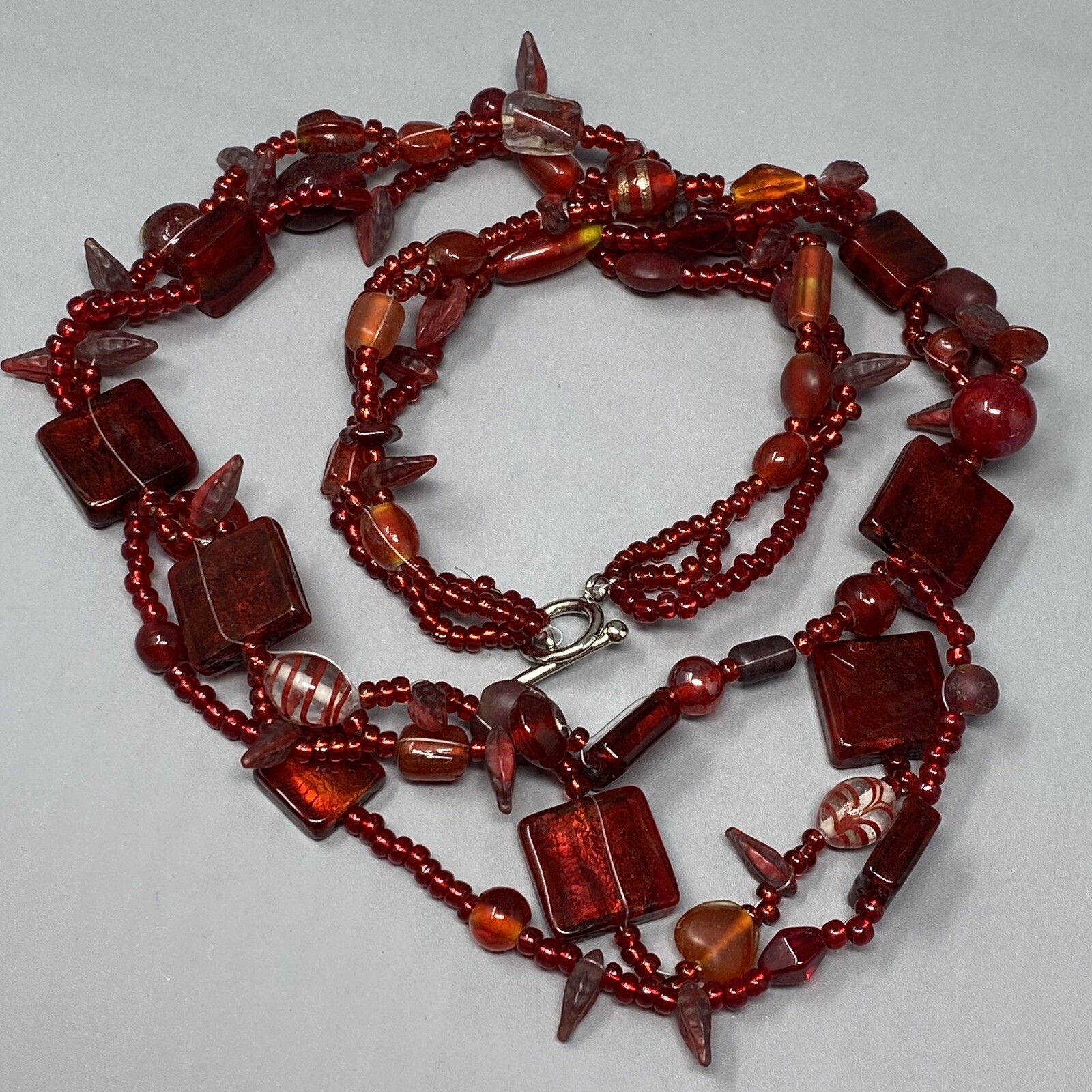 VTG Boho Glass Necklace Red Burgundy Glass Beads Czech Dichroic Frost Molded 24″