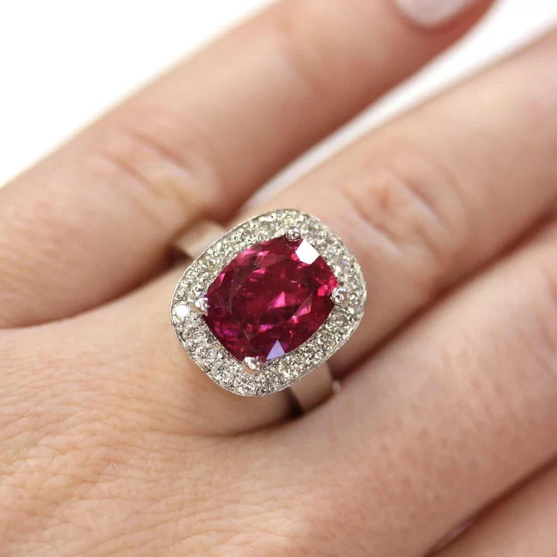 5Ct Cushion Cut Natural Pink Tourmaline &Diamond 14K White Gold Luxurious Ring