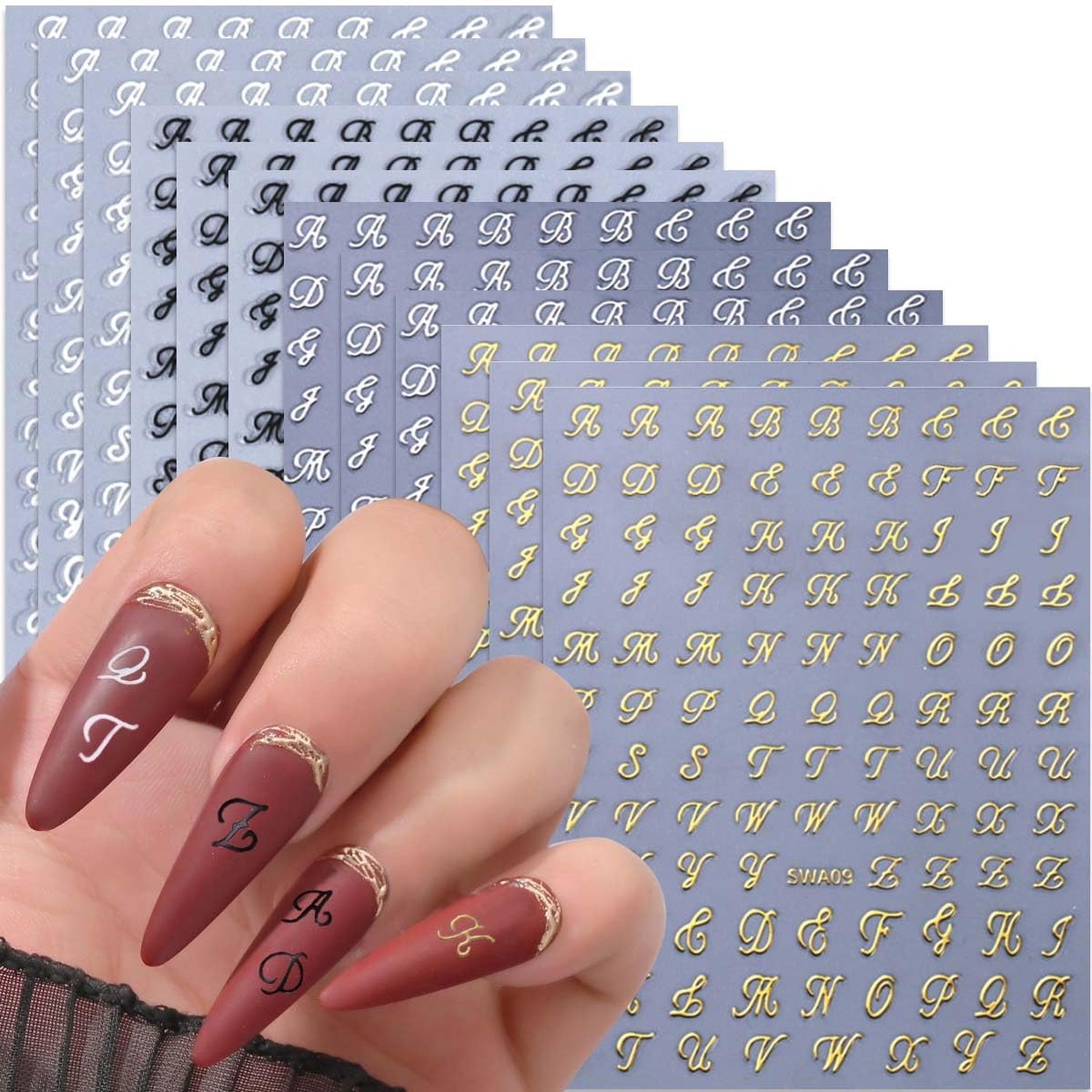 12 Sheets Letter Nail Stickers for Nail Art – Gold, Silver, Black, White Init…