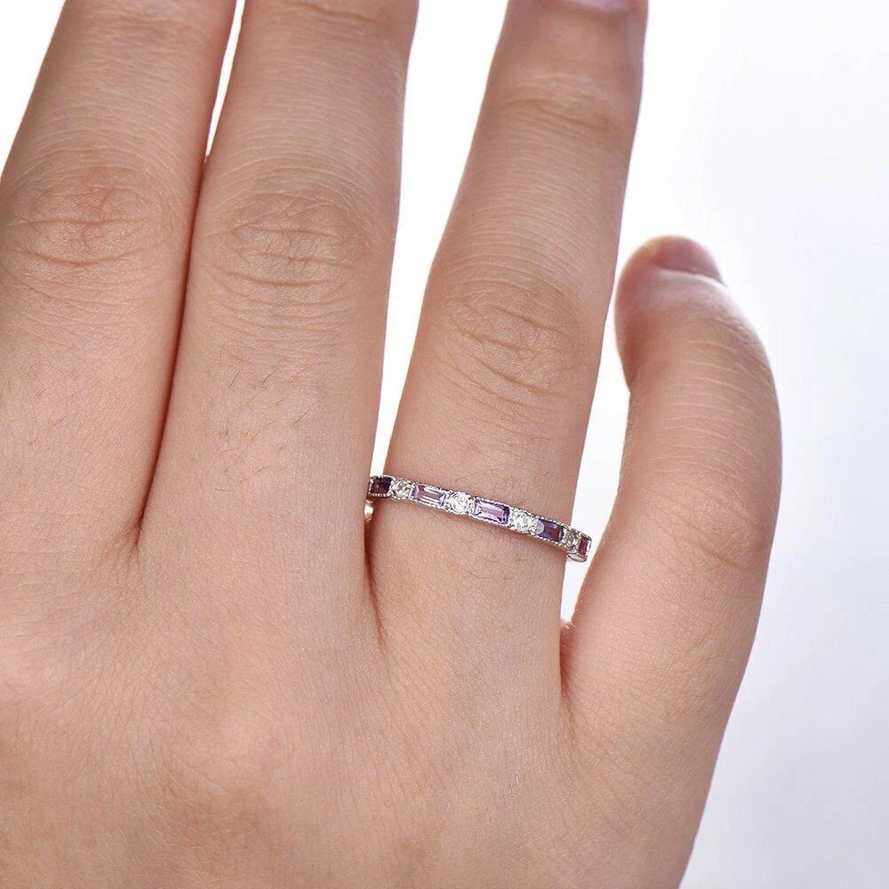 1ct Natural Amethyst & Diamond Eternity Wedding Band Ring 14k SOLID White Gold