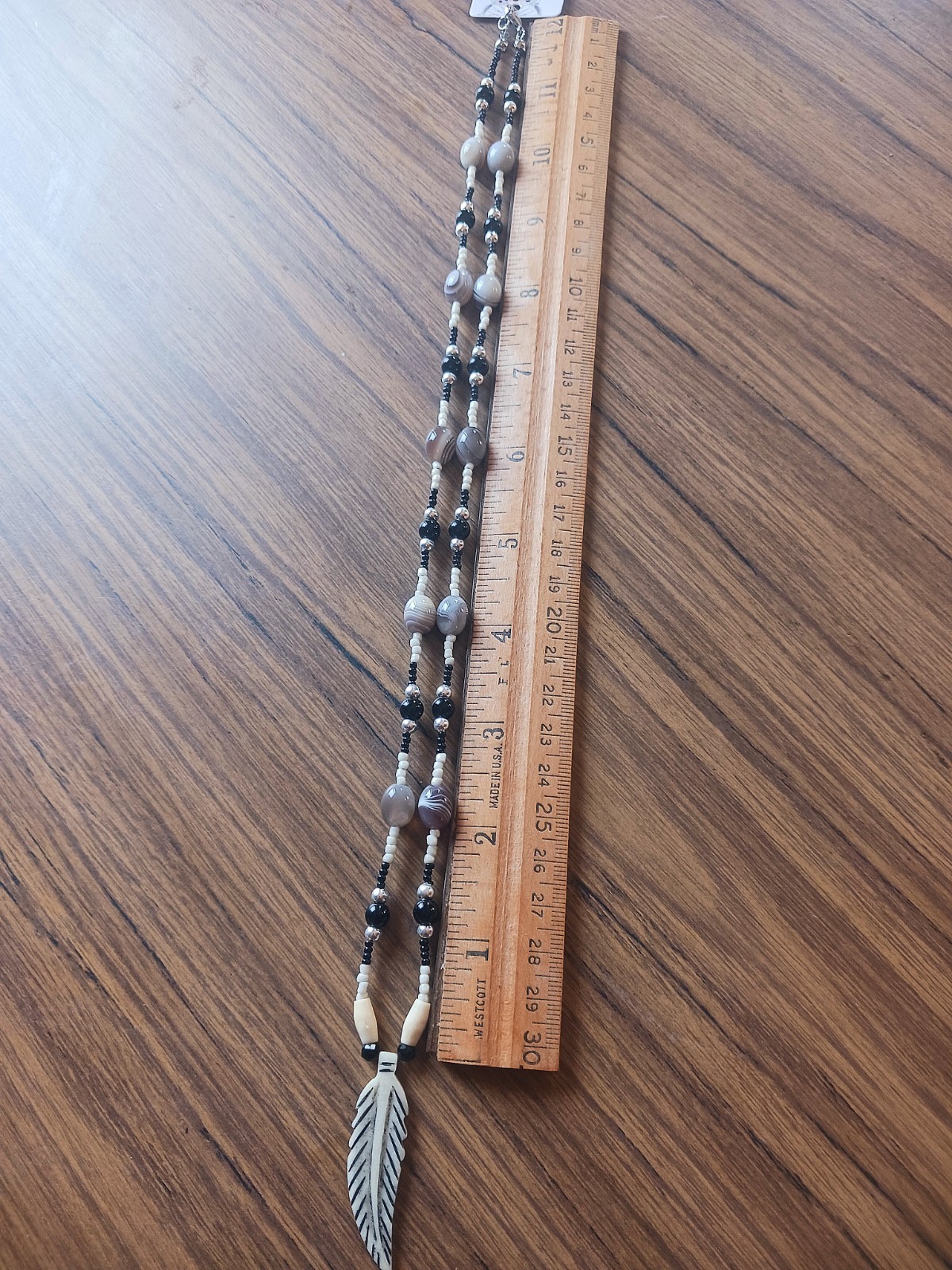 Native American, Banded Agate Necklace With Carved Buffalo Bone Feather Pendant