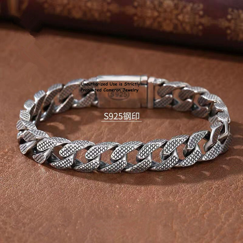 Pure S925 Sterling Silver Chain 9mm Dragon Pattern Curb Link Bracelet 7in-9in