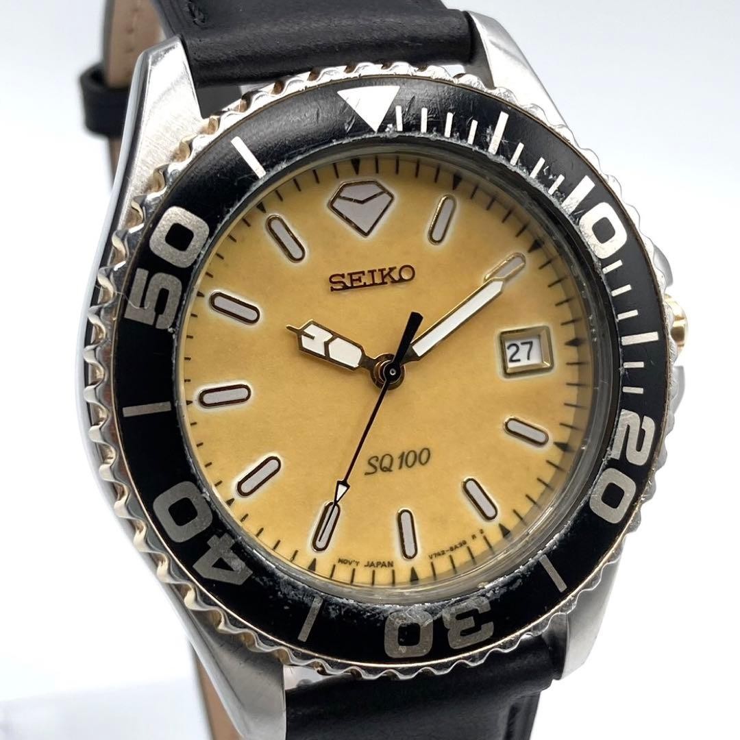 Seiko SQ100 V742-8A00 Divers Wristwatch Yellow Dial Stainless Steel Black