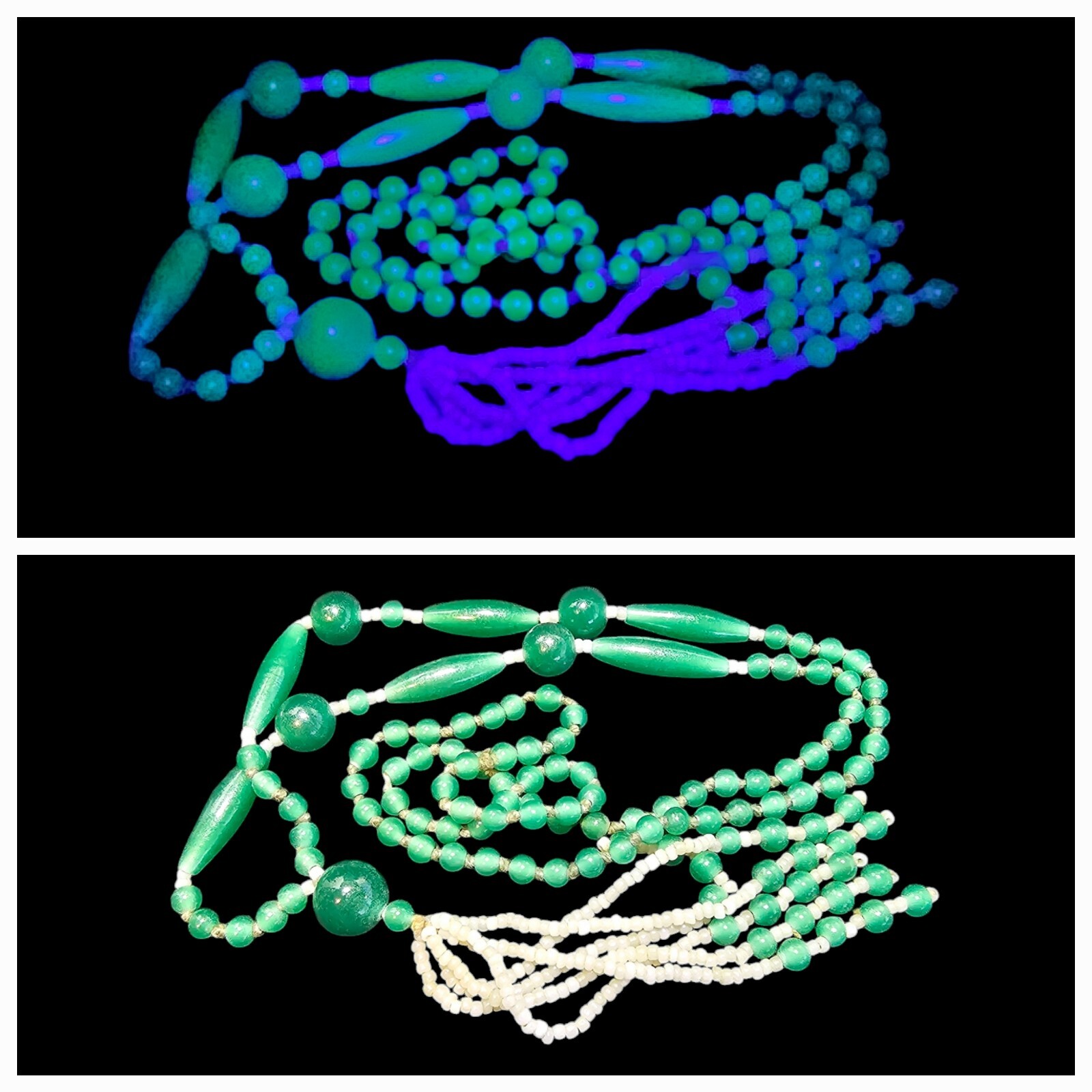 Antique 1920-30s Art Deco Sautoir Green White Uranium Glass Bead Tassel Necklace
