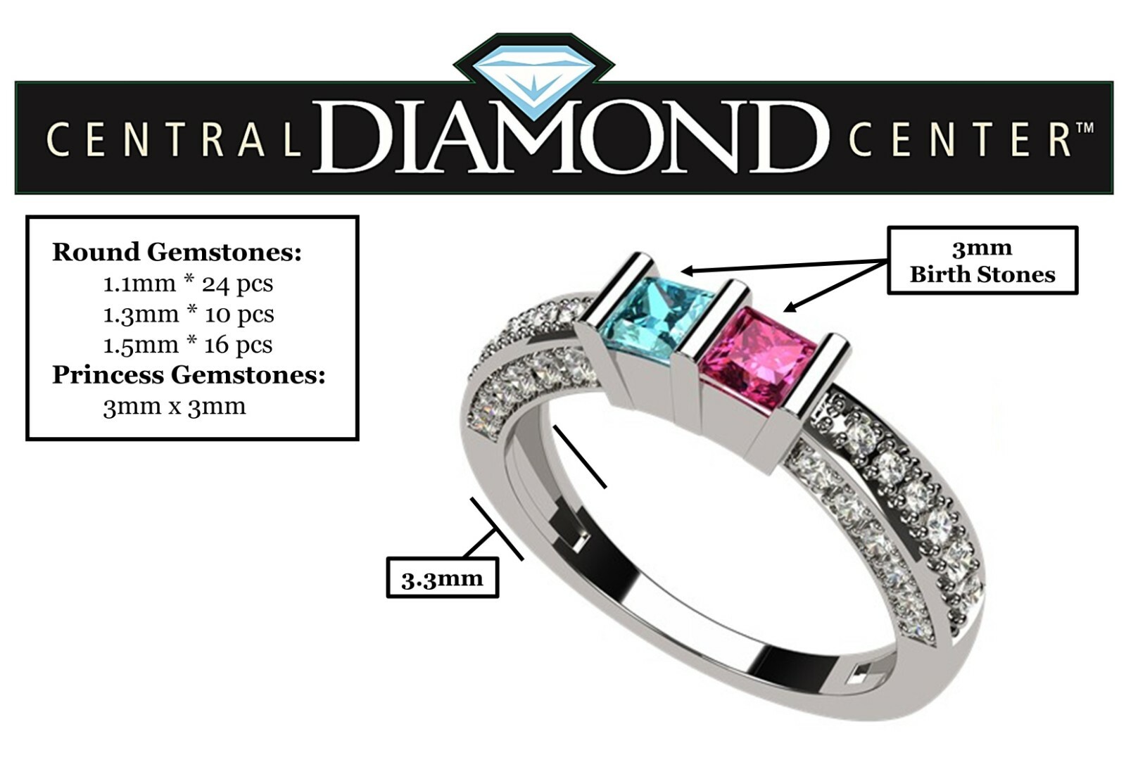 NANA Princess Cut w/CZs 3 Sides Mothers Ring 1-6 Silver/10k Simulated Birthstone