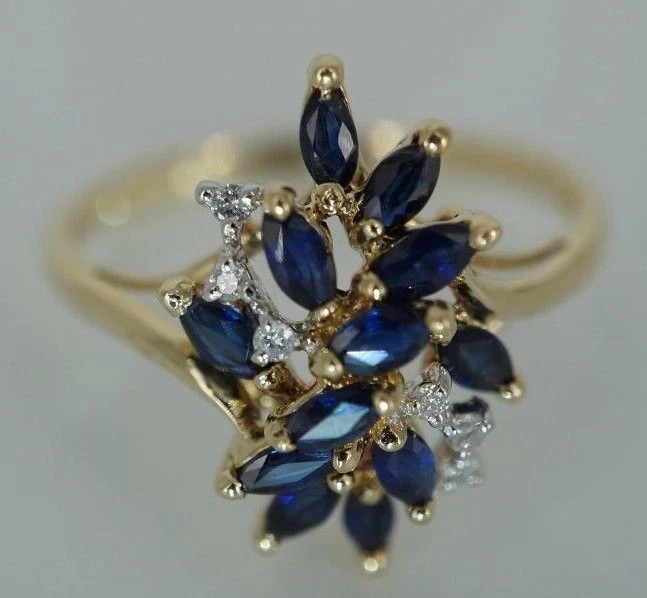 14k Yellow Gold Bridesmaid Natural Blue Sapphire & Diamond Ring For Wedding Gift