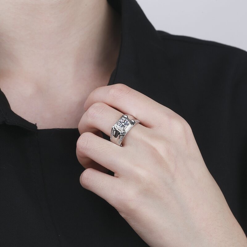 Men’s Silver Plated Open Adjustable Ring Shiny Zircon Inlay Open Band Ring