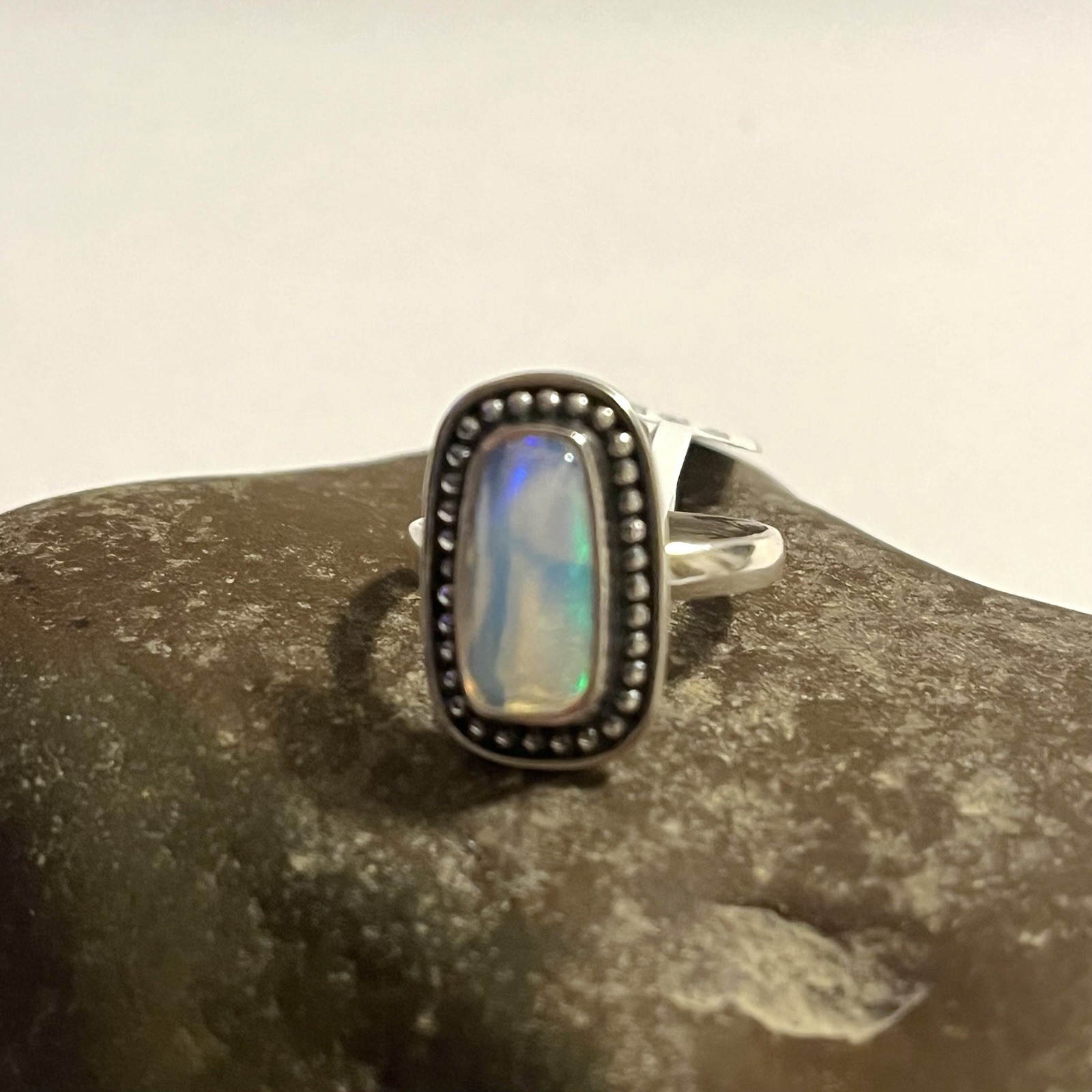 Beautiful Ethiopian Opal 925 Sterling Silver Ring Rectangular Cabochon US Size 6