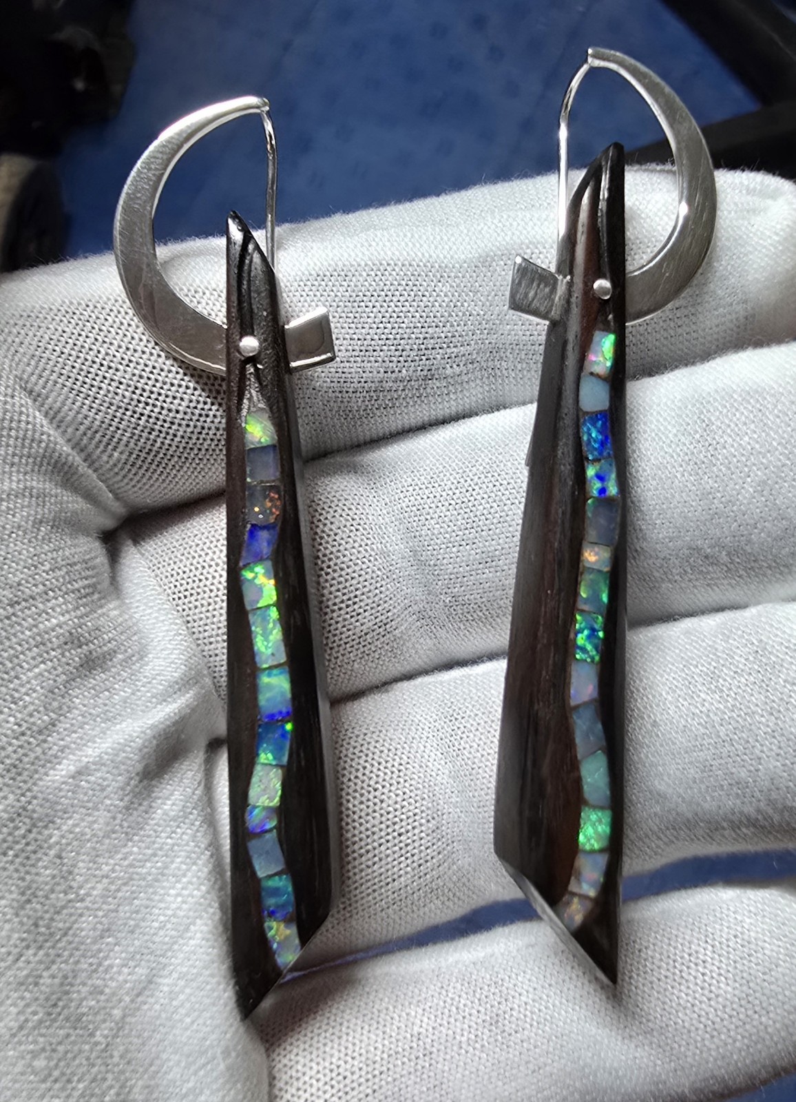 One of a Kind Hand Carved Ebony Earrings with Natural Opal Sterling Silver