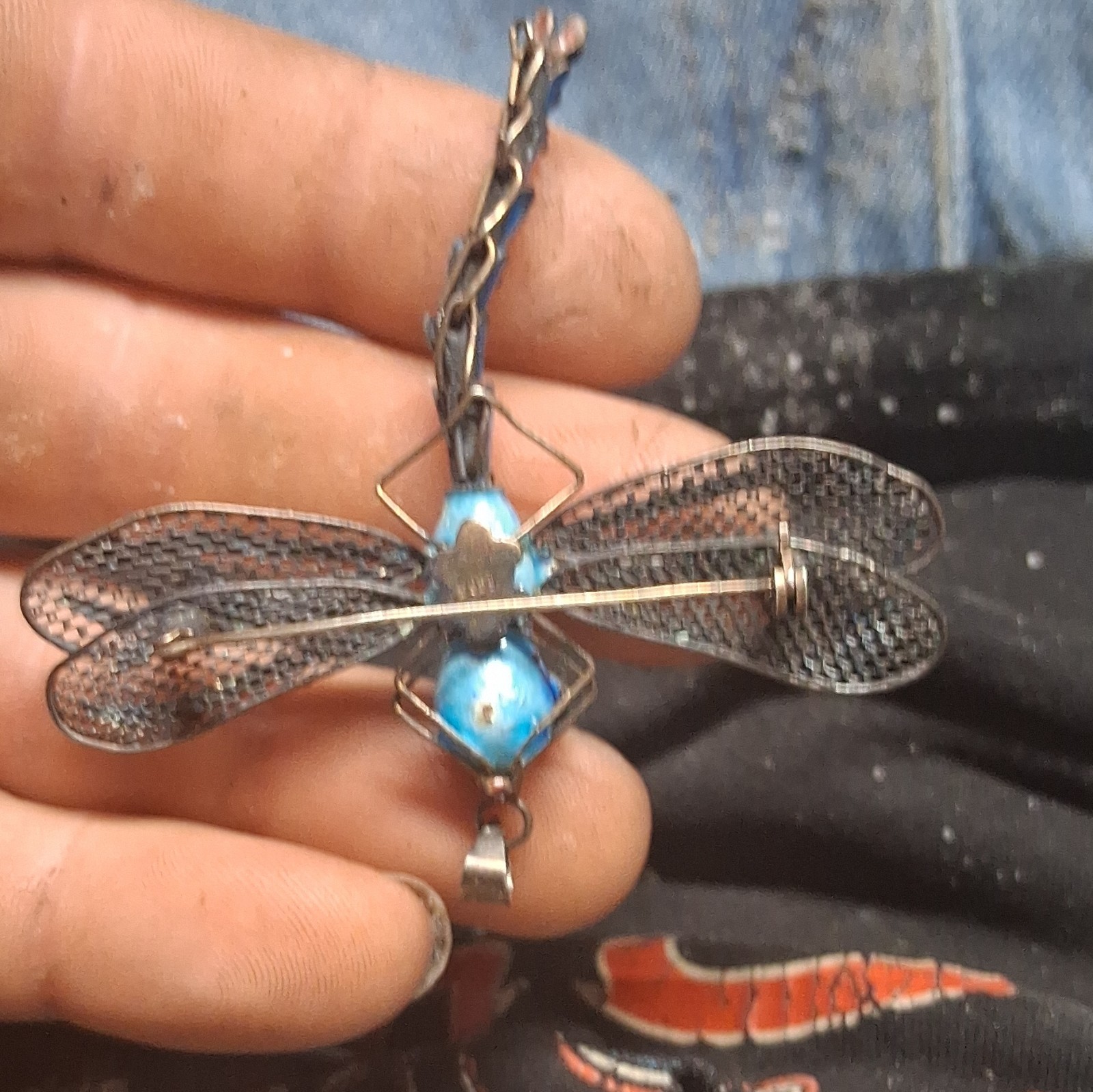 Blue Black Metal Dragonfly Brooch Pin w/ 2 Round Green Stones Bezel Set