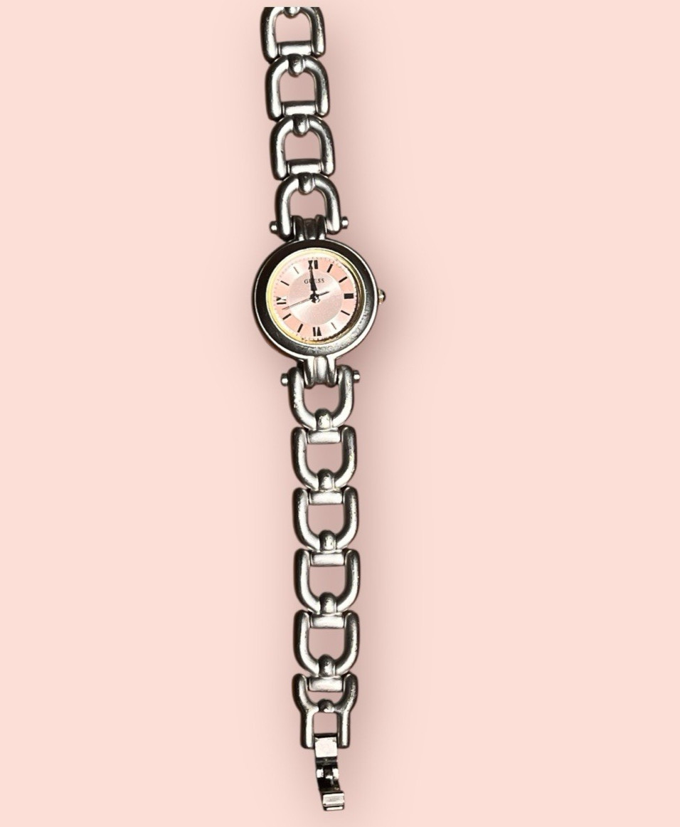 Vtg Guess Women Working Watch Pink Brushed Silver Chain Fold Over Clasp 6.75″