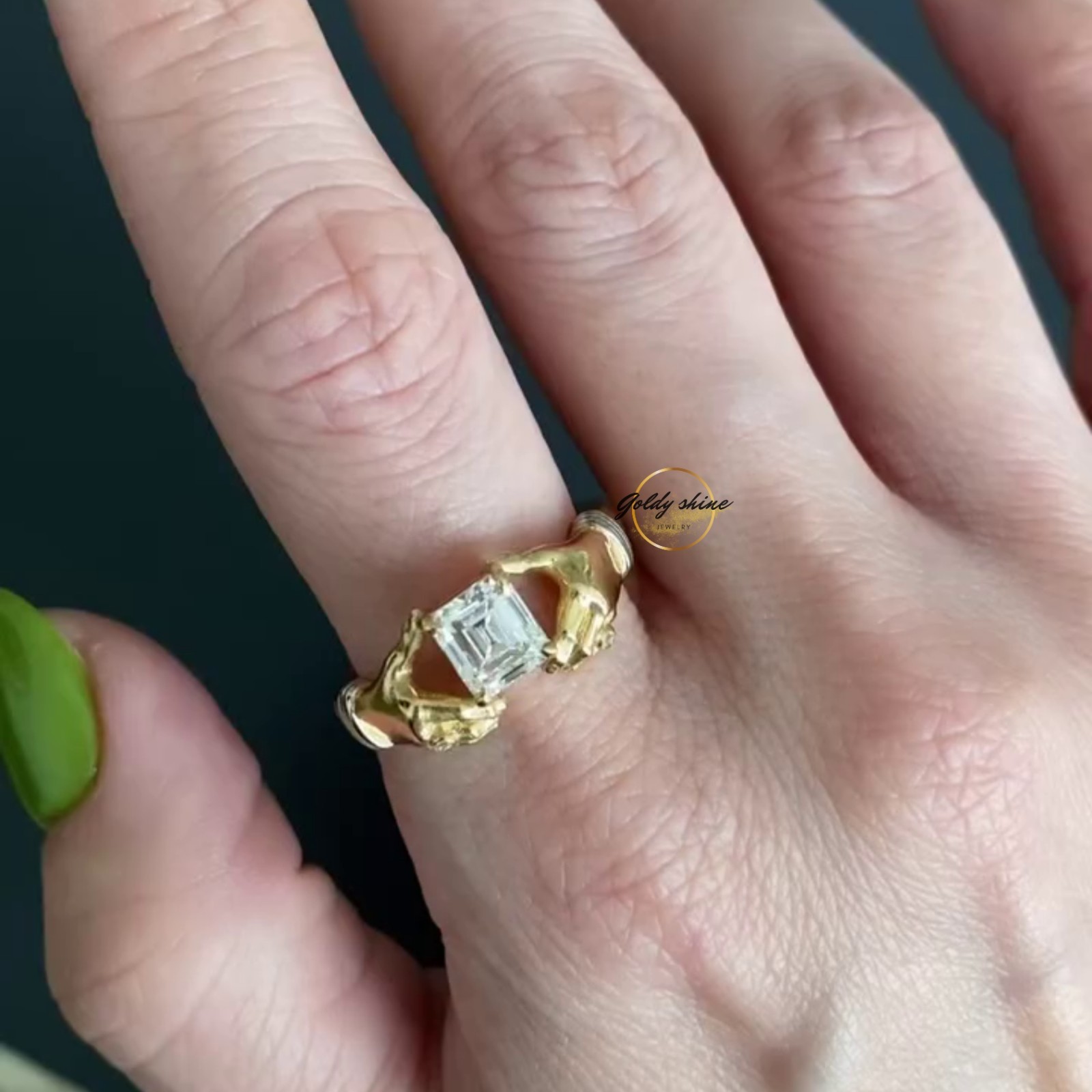 1 Ct Asscher Cut Moissanite Grasping Hands Artistic Ring 14K Yellow gold plated