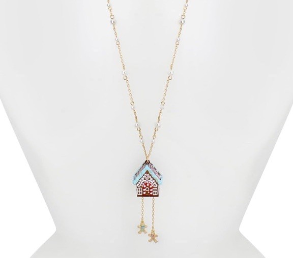 Betsey Johnson Gingerbread Necklace NEW House Dangly Pendant 28 inch in Gift Box