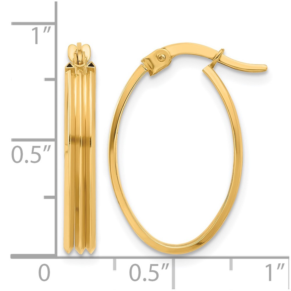10K Yellow Gold Polished and Grooved Oval Shape Hoop Earrings L-23.4mm,W-15.83mm