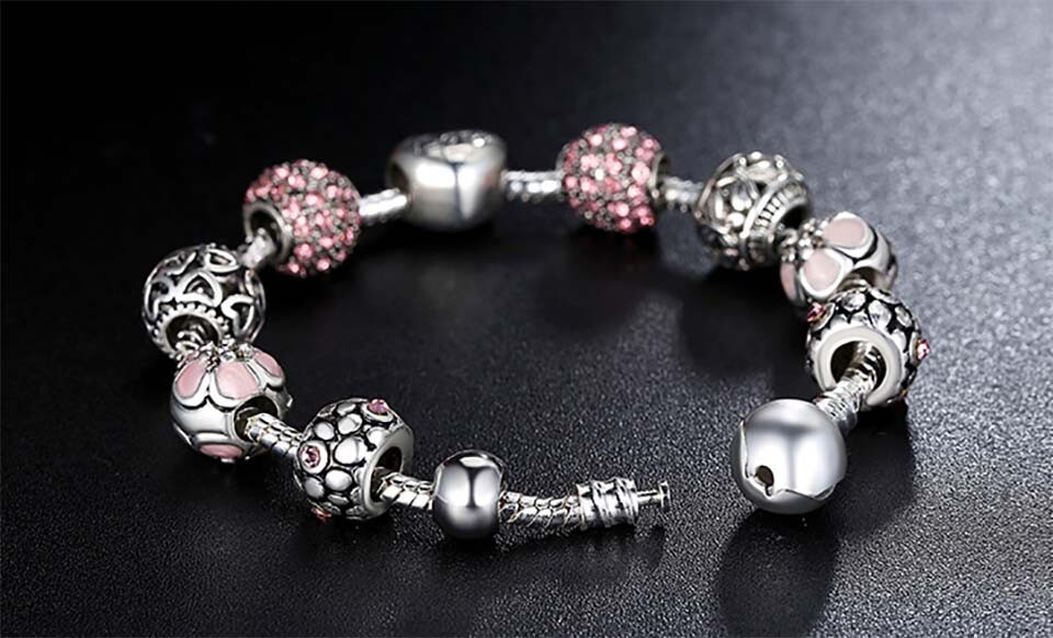 18k White Gold Plated Pink Crystal LOVE Heart Charm Bracelet Made With Swarovski