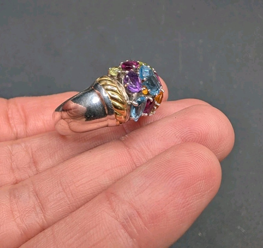 EFFY Sterling Silver 925 Gold Accent Multi Gemstone Cluster Ring Size 8