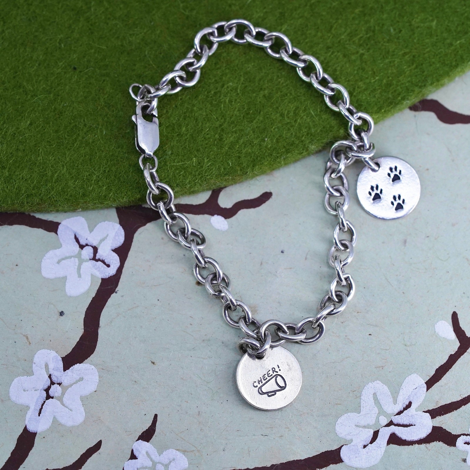 7″ 5mm, sterling 925 silver circle bracelet with dog pow print tag charms