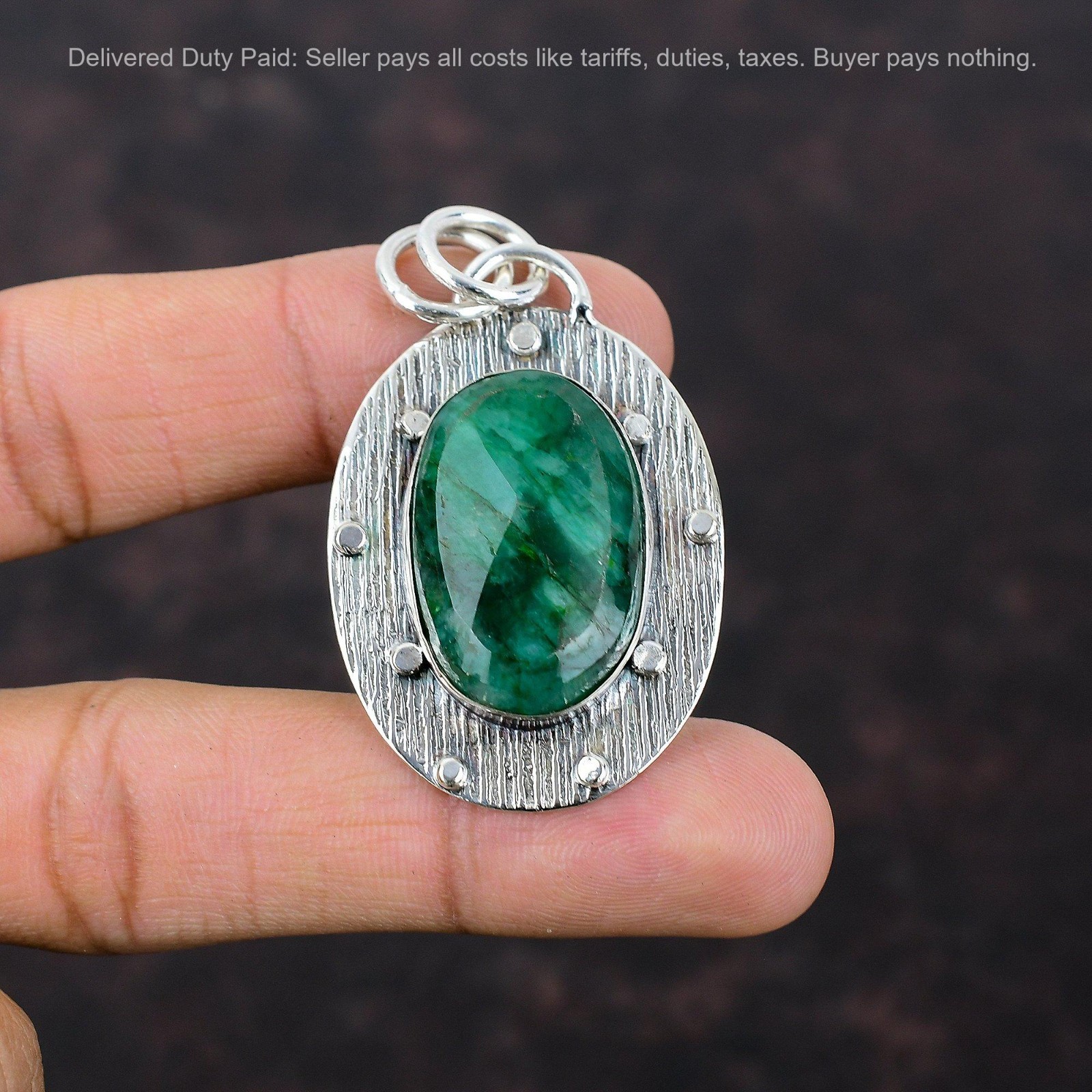 925 Sterling Silver Oval Zambian Emrald Gemstone Mother Handmade Wedding Pendant