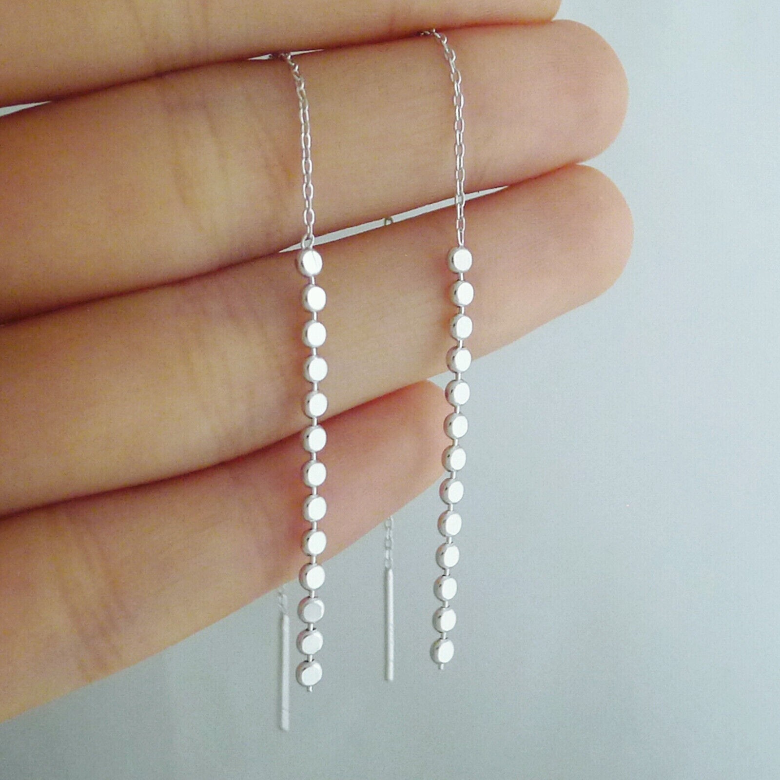Women Sterling Silver Plated Pull Through Threader Dangle Disc Dots Earrings TH3