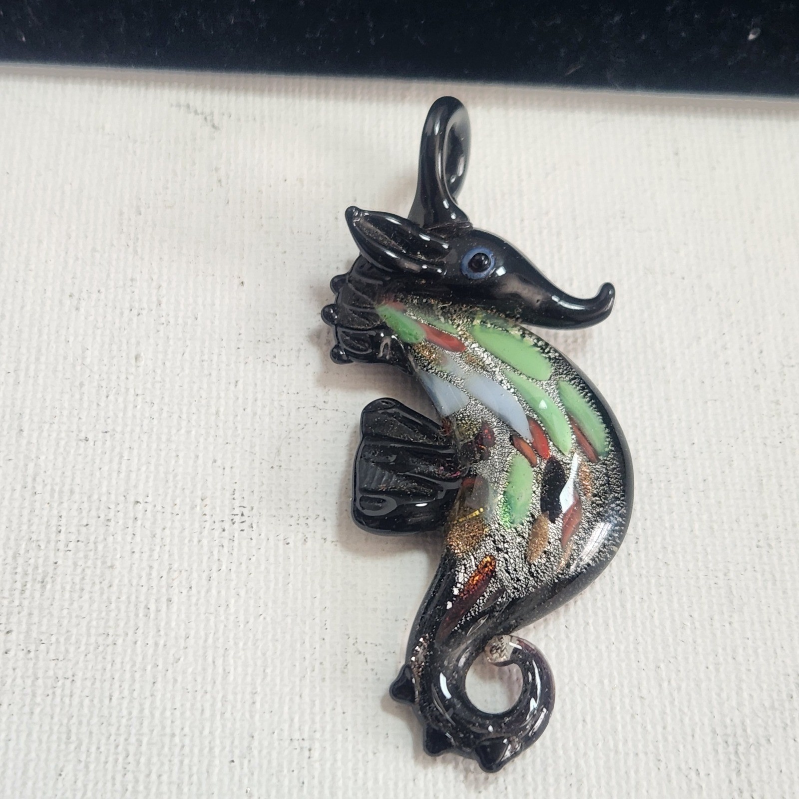Handblown Lampwork Glass Seahorse Pendant Black Multi Color Dichroic Art Glass