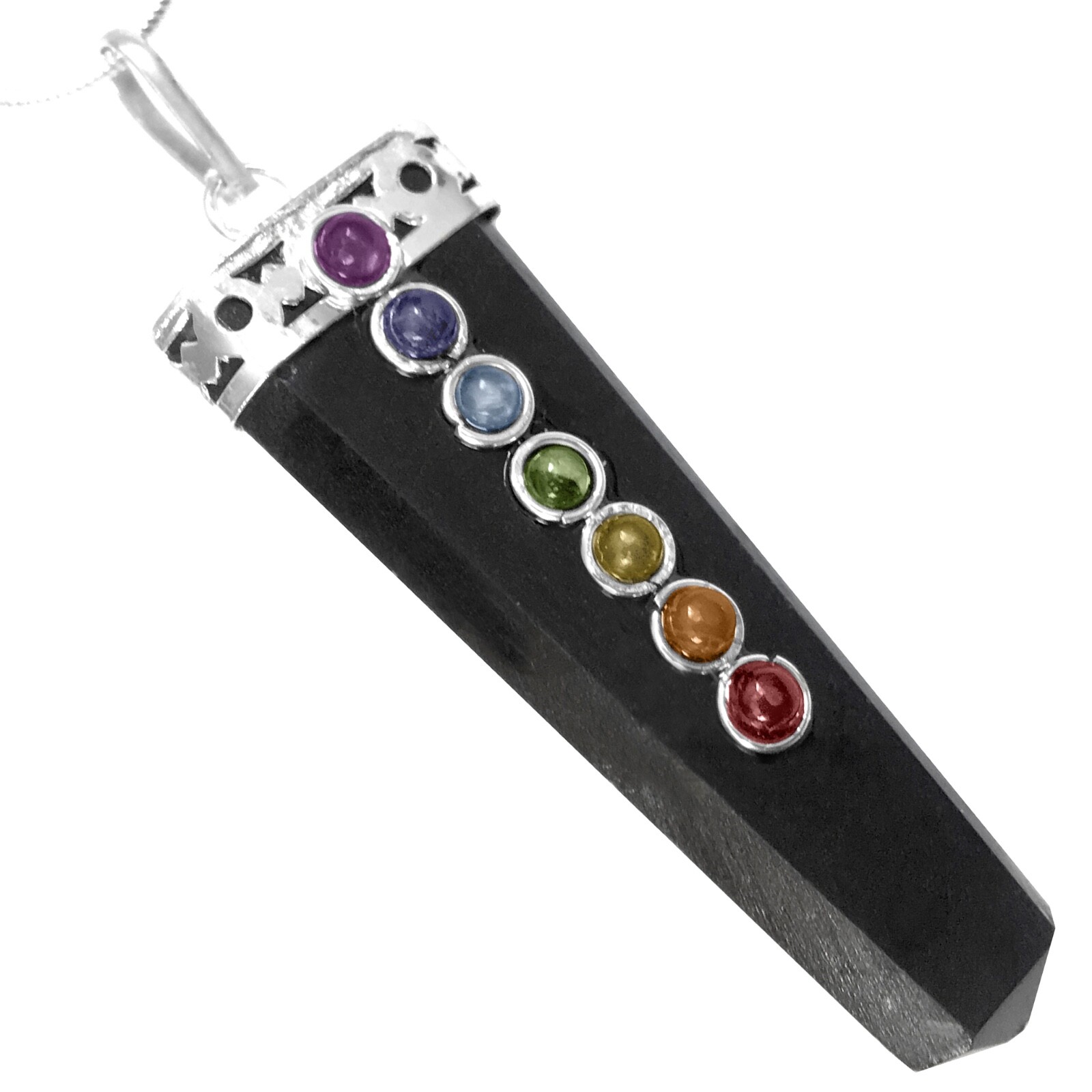 Obsidian 7 Chakra Pendant Silver Crystal Gemstone Necklace Reiki Healing CHARGED